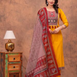 Yellow Azrakh Suit with Red Dupatta